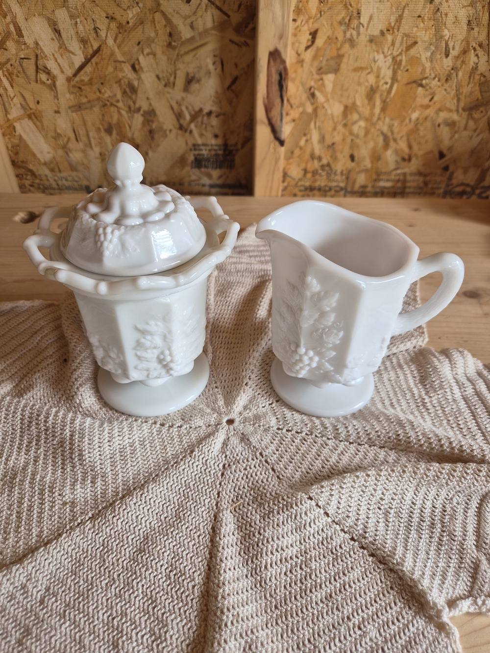 Vintage Westmoreland Milk Glass Paneled Grape Cream and Lace Edge Lidded Sugar